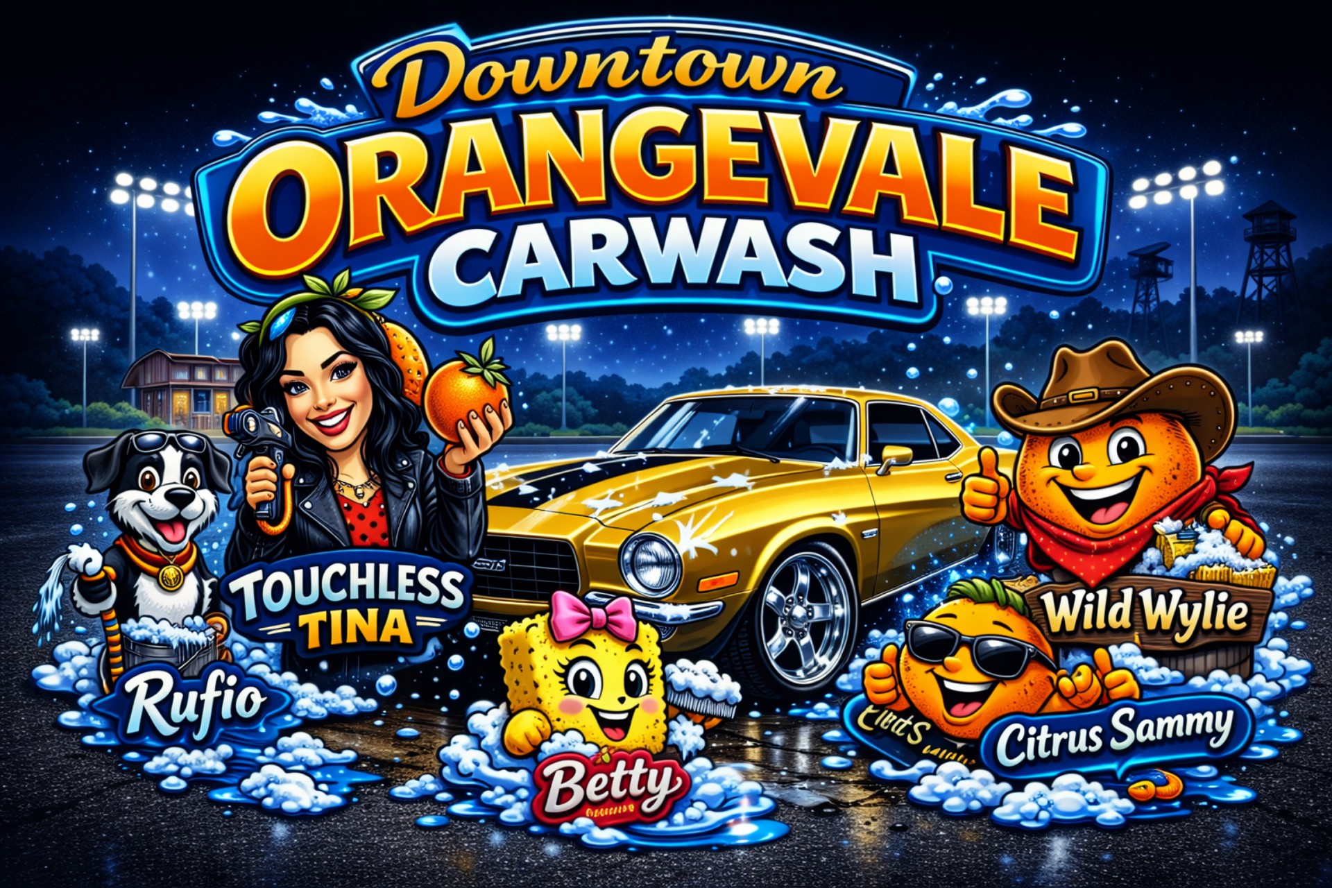 Downtown Orangevale Carwash logo with mascots Touchless Tina, Rufio, Betty, Wild Wylie, and Citrus Sammy